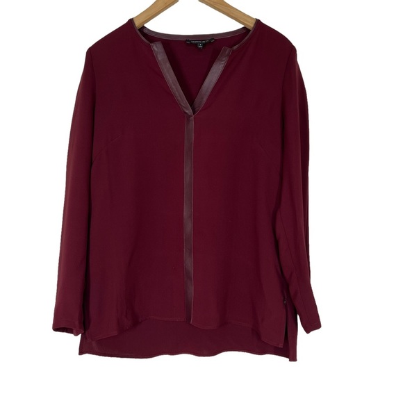 Lafayette 148 New York Maroon Side Zip Blouse Leather Neckline Size 6 - Picture 1 of 8